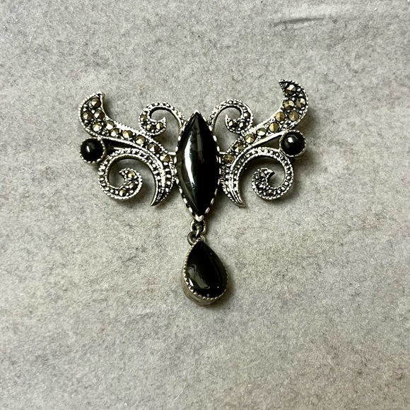 Jewelry - Art Deco Art Nouveau vintage brooch marcasite onyx Victorian revival elegant